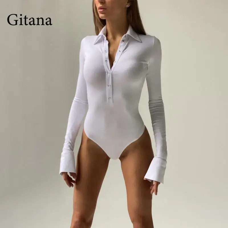 

Gitana 2022 Women's Sexy Bodysuit Turndown Collar Long Sleeve Button Skinny Body Tops Rompers Casual Streetwear Female Overalls
