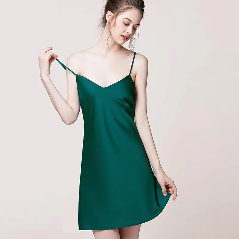 Sexy Ice Silk Satin Nightgown Women Deep V Neck Strap Backless Night Dress Silk Sleepwear Spaghetti Strap Sleeping Dress Nightie
