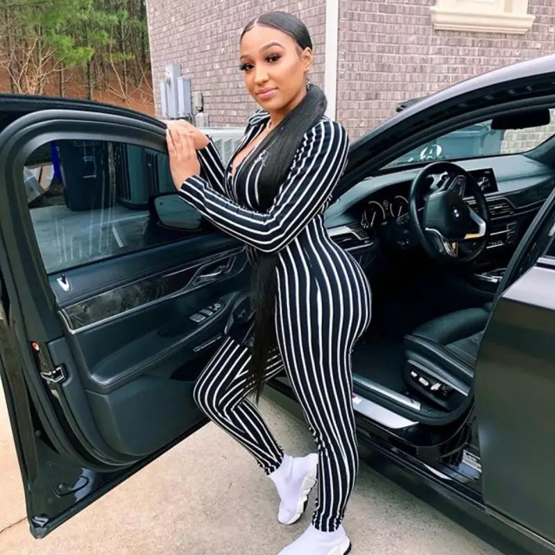 NORMOV осенний сексуальный полосатый спортивный комбинезон для женщин с v образным