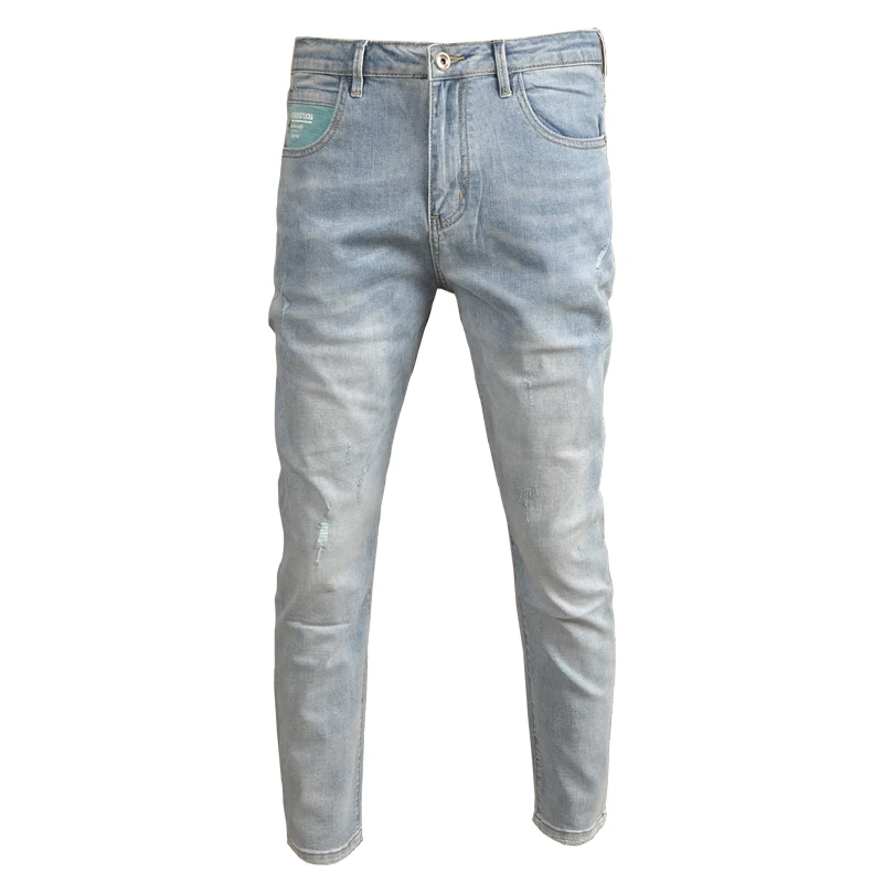 Men's Light Blue Stretch Ripped Jeans Summer New Fashion Regular Fit Pencil Pants