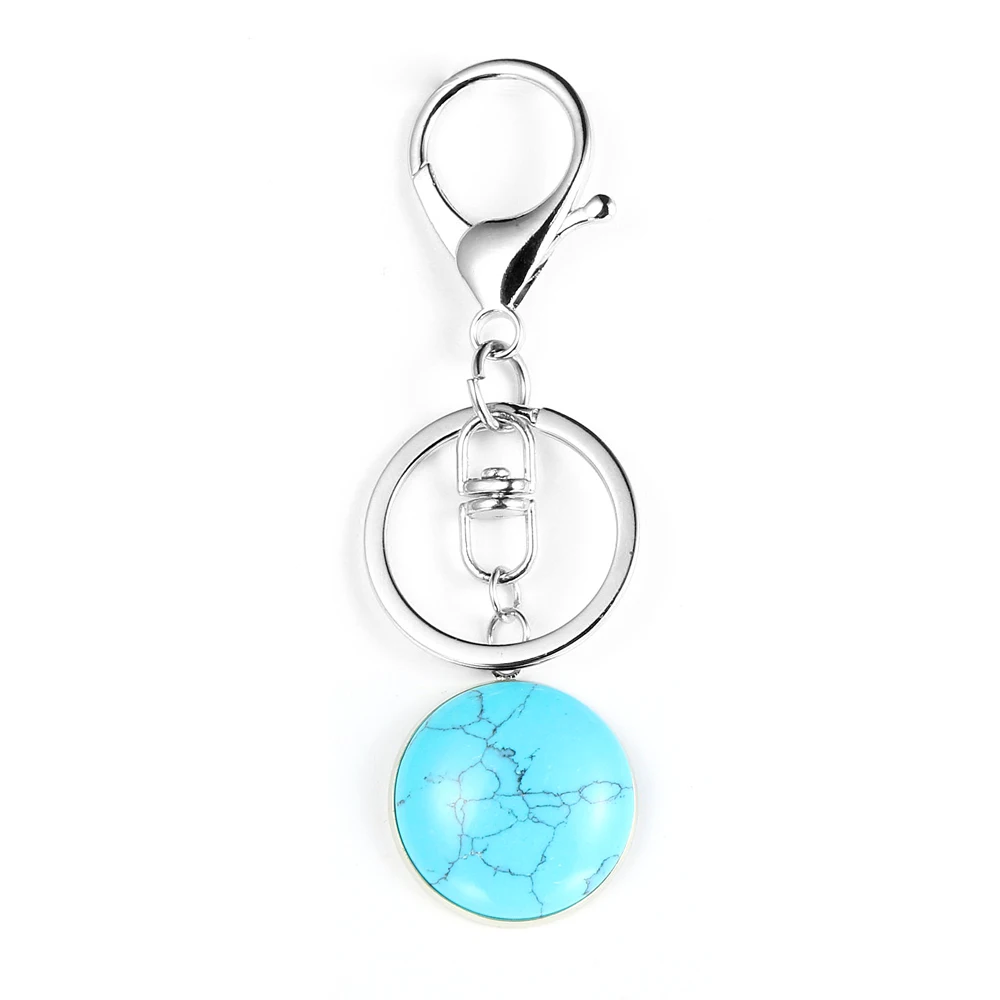 

Natural Stone Tiger Eye Turquoises Crystal Round Droplet Ellipse Pendant Keychain Silver Lobster Clasp Car Key Chain Men Women