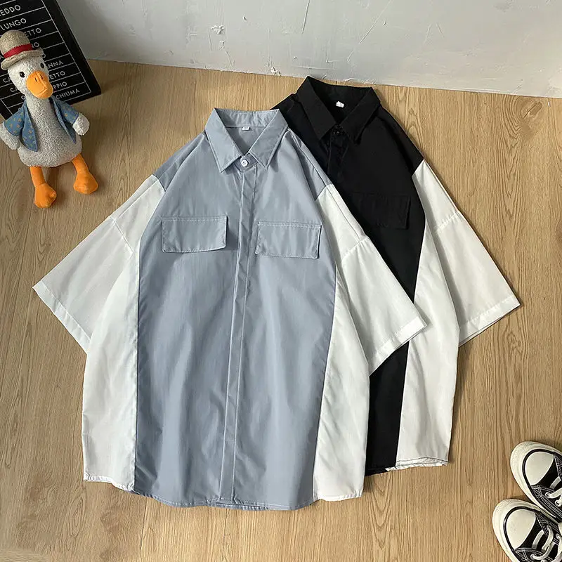 Summer Cotton Shirt Men's Fashion Contrast Color Business Casual Dress Shirt Men Streetwear Wild Loose Short Sleeve Shirt M-2XL
