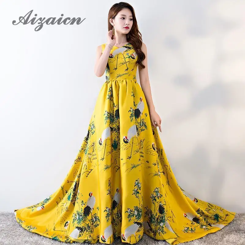 Желтые повязки вечерние платья v-образный вырез цветы Сексуальные Cheongsam задние