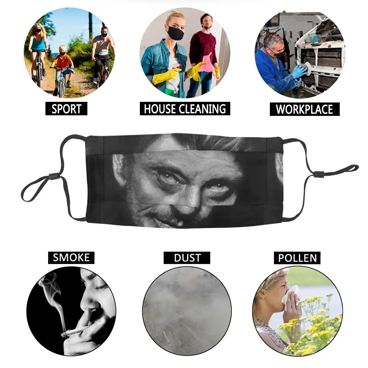

Johnny Hallyday Reusable Mouth Face Mask French Rock Singer Anti Haze Anti Dust Protection Cover Respirator