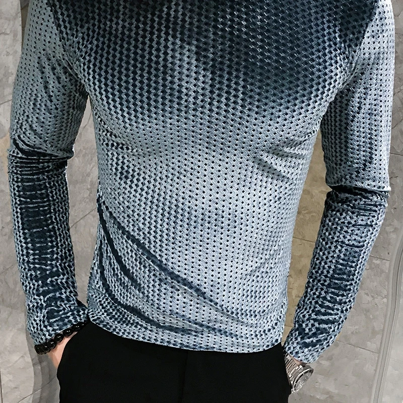 

Men Flannel T-shirts High Neck Pullover Mens T Sleeve Knitting Fall Stylish Tee Long Sleeves Velvet T Shirts Casual Men Clothing