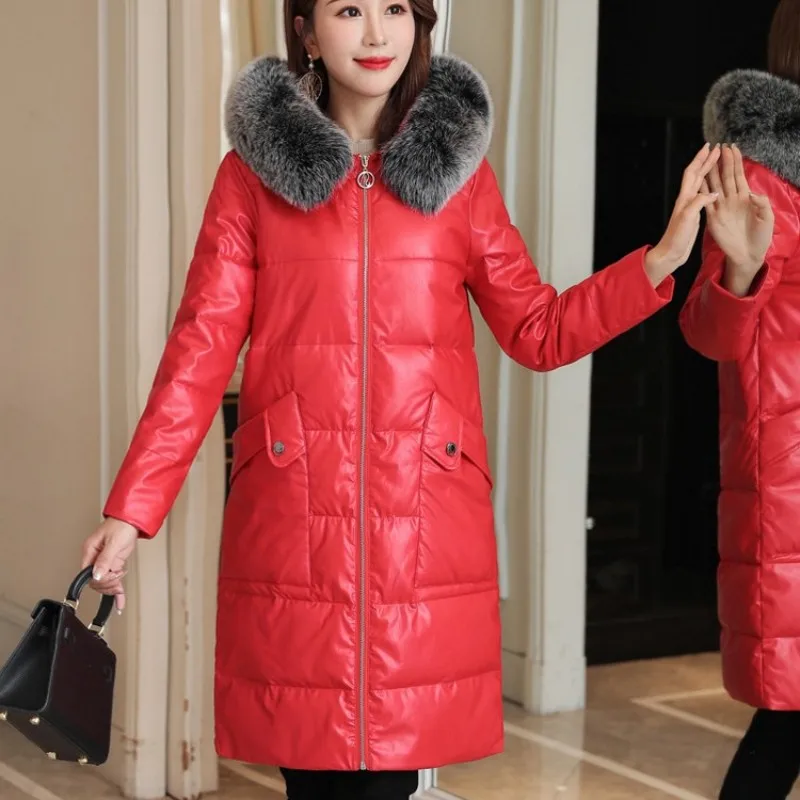 Элегантные женские зимние пуховики из искусственной кожи с воротником
