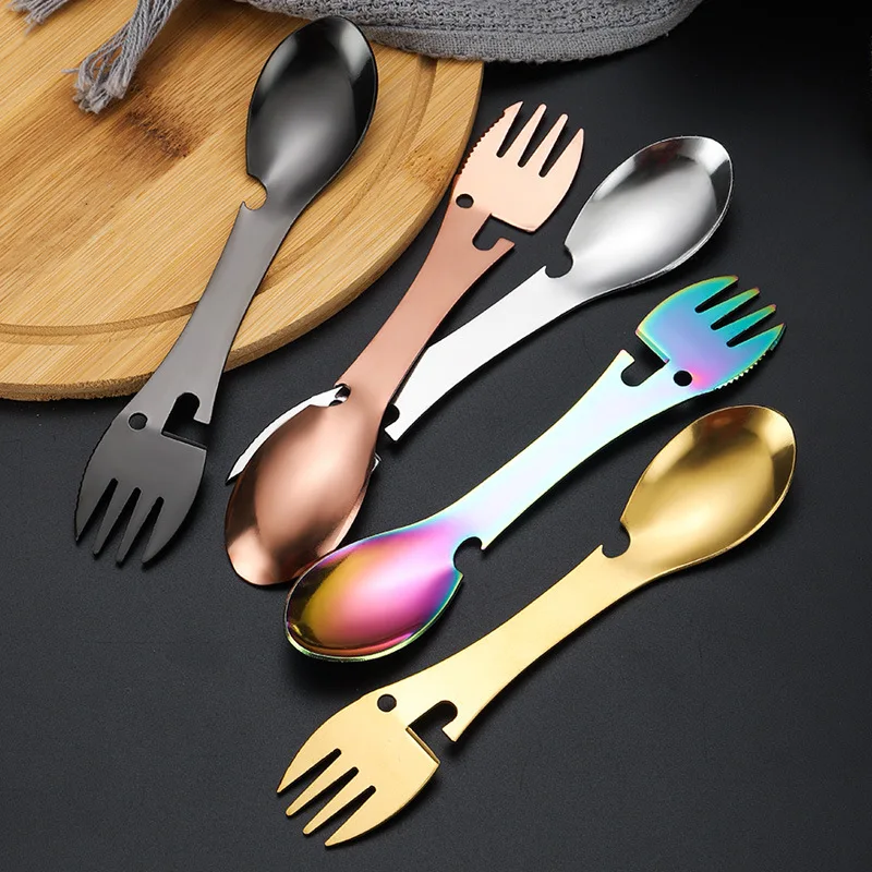 

Multi-purpose spoon Outdoor Survival Tools 5 in 1 Camping Multi-functional EDC Kit Practical Fork Knife Spoon Bottle/Can Opener