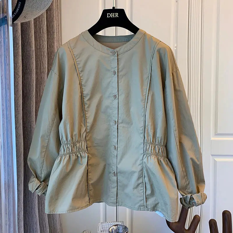 

VANOVICH French Retro Art Elastic Waist Pleated Cotton Shirt 2022 Spring and Autumn New Long Sleeve Shirt Women