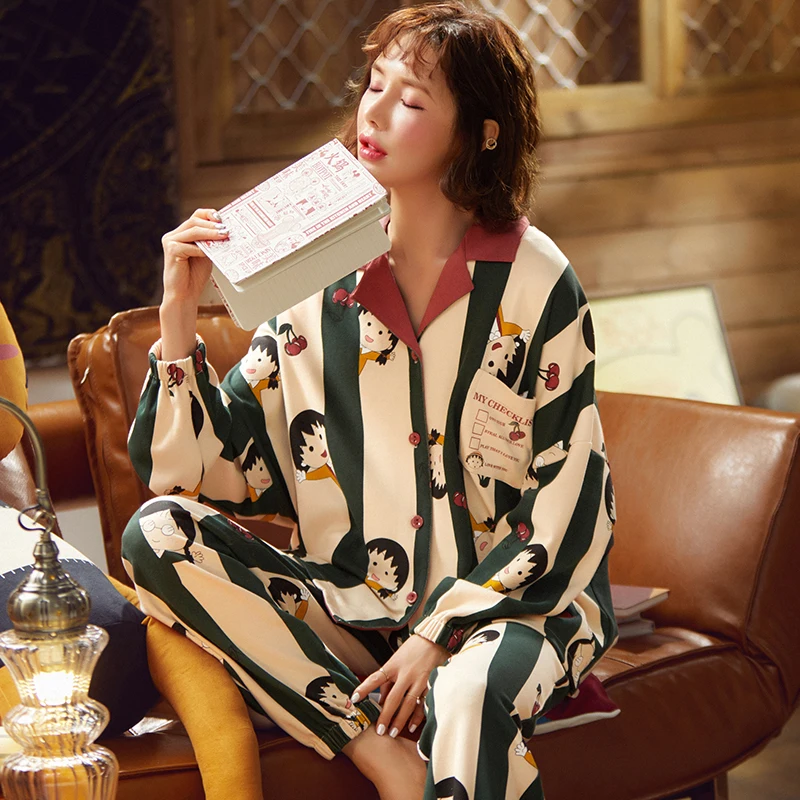 

Весенне-летние пижамы Chi-bi Maruko Пижама Аниме Женская хлопковая одежда для сна домашняя одежда штаны с длинным рукавом шикарная Пижама 2021 для ...