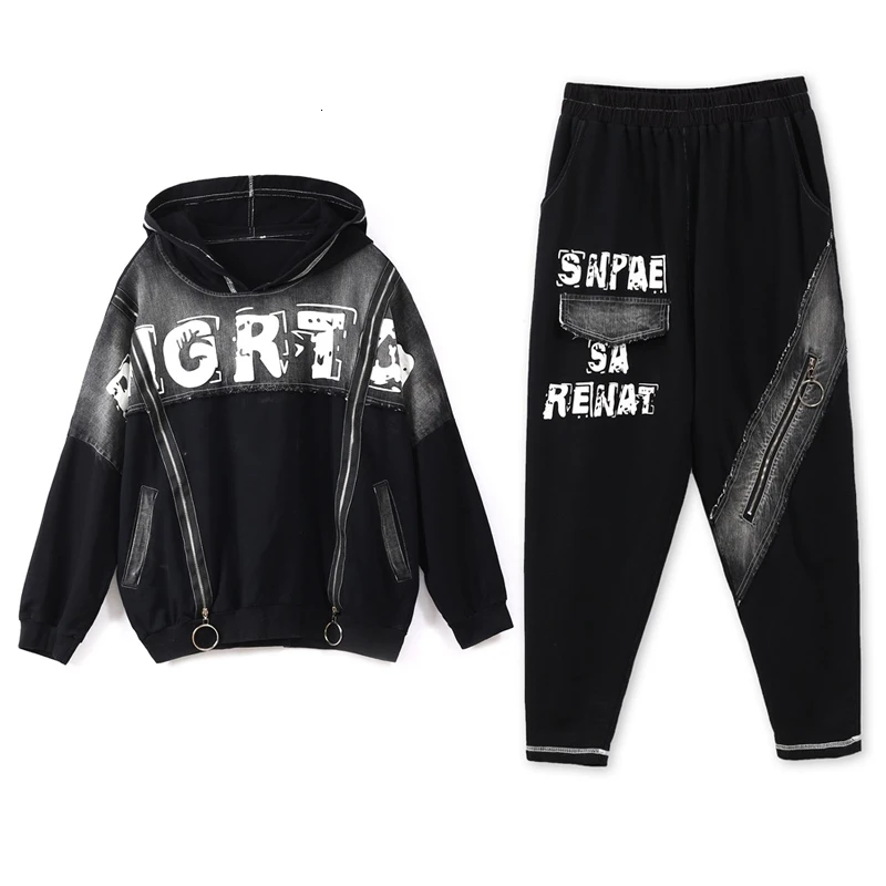 

Spring 2021 Korean Fashion Ladies Hooded Tops Harem Pants Womens Two Piece Sets Denim Tracksuit Vintage Hooded Printed Outfits