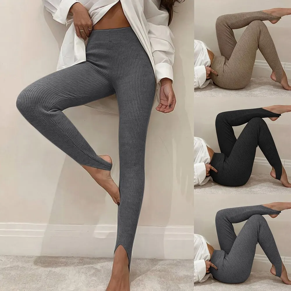 

Женские трикотажные леггинсы в рубчик, Модные Бежевые хлопковые базовые брюки с высокой талией для фитнеса, Женские повседневные универсал...