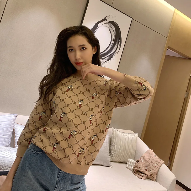 

New fashion cartoon print summer 2021 sweet knit loose round neck open back long sleeve all-match blouse women