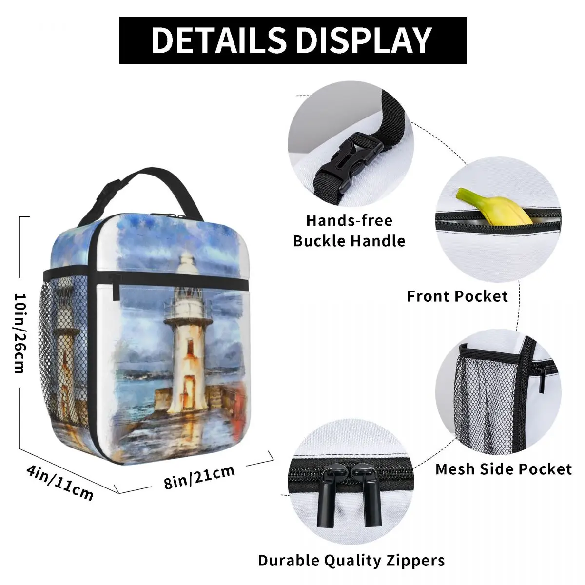 

Watercolor Lighthouse Lunch Bag for Women Men Large Insulated Lunch Box with Water Bottle Holder and Pockets