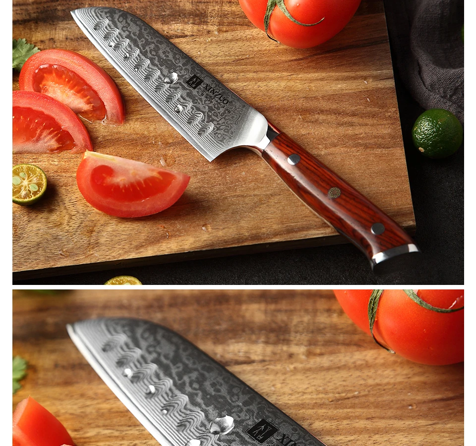 XINZUO 5 ''дюймовый нож Santoku 67 слоев Китай Дамасская сталь кухонные ножи Высокое качество барбекю нож с розовой деревянной ручкой