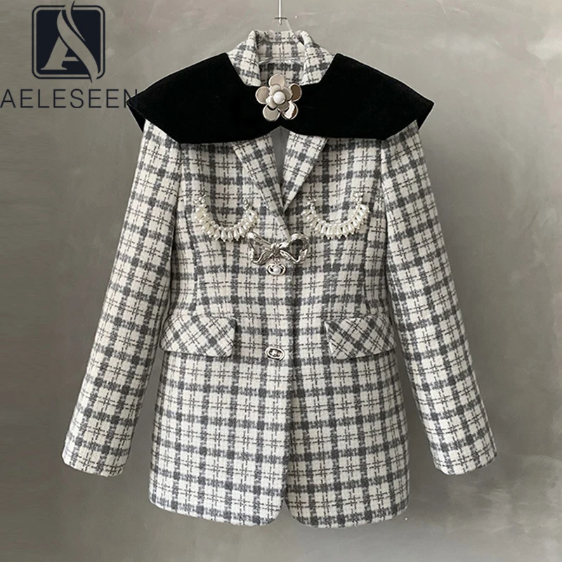 

AELESEEN 2021, зимнее модное дизайнерское Женское пальто, высококачественное шерстяное пальто в клетку с объемными цветами и бусинами