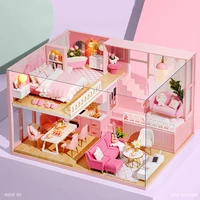 diy dollhouse kit miniature building kits doll house furniture roombox pink wooden little house birthday gift toys for children