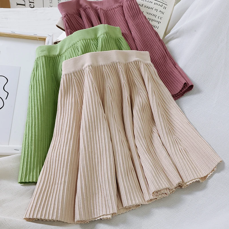 Зима Осень 2019 юбки женские плиссированные вязаные шерстяные мини полоса Высокая