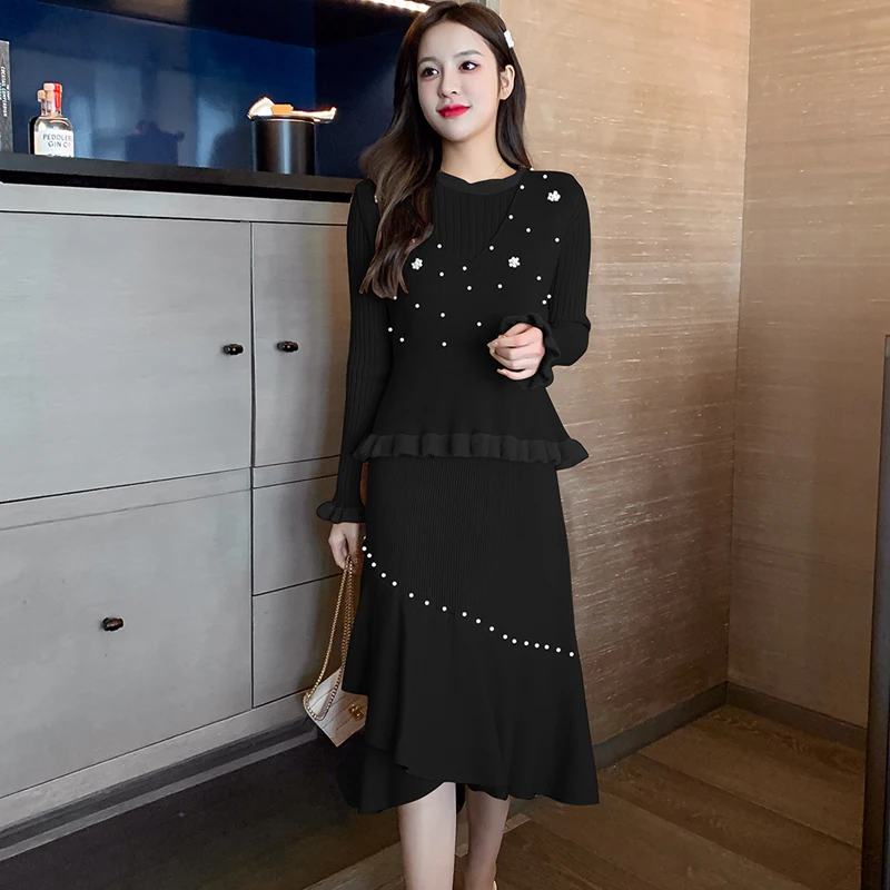 COIGARSAM женское цельнокроеное платье с длинным рукавом Новые Корейские вязаные