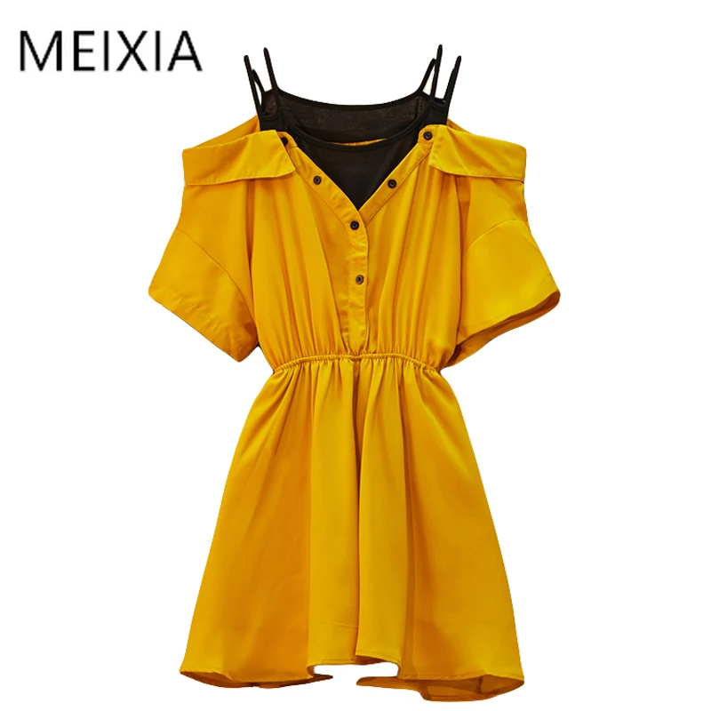 

MEIXIA Summer Dress Women Casual Tank Top Patchwork Turn-down Collar Shirt Dress Button Elastic waist Flare Sleeve Mini dress