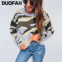 duofan autumnwinter 2021 camouflage sweater women loose casual pullover round neck camouflage leopard sweaters top
