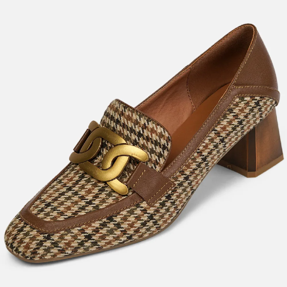 

Women's genuine leather fabric patchwork square toe slip-on pumps big chain decoration thick high heel spring new OL style shoes