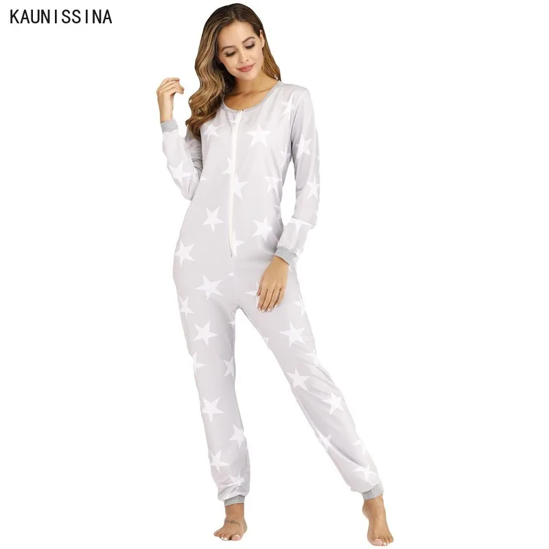 

Women Long Sleeve Adult Onesie Pajama Set Star Printed Zipper Sleepwear Soft Autumn Winter Pajamas Set Nightwear Suit