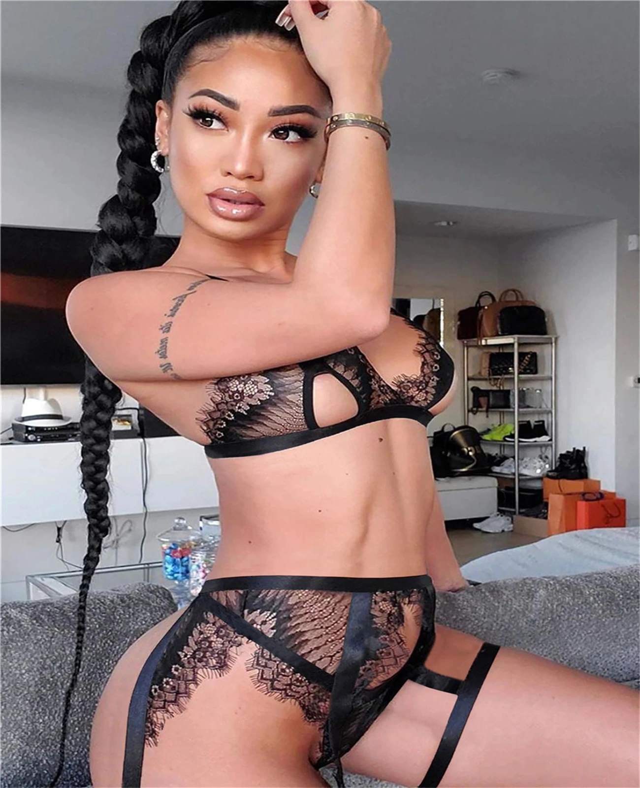 

Erotic Women's Black Eyelash Transparent Temptation Underwear Hollow Bare Chest Three-piece Garter Belt Sexy Lingerie