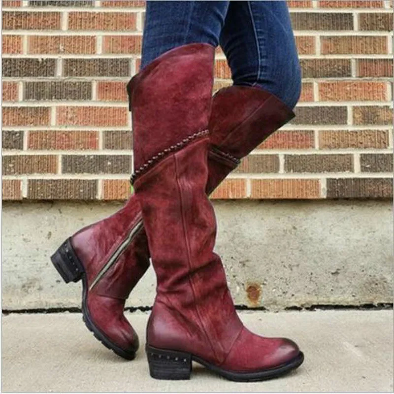 Женские сапоги выше колена из искусственной кожи на среднем каблуке | Обувь