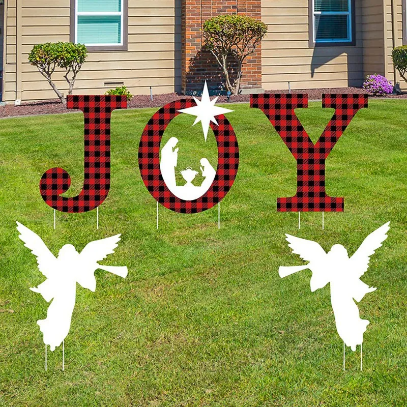 

5PCS Christmas JOY Stakes Nativity Scene Outdoor Garden Decoration Joy Trumpeting Angel Yard Sign Xmas Holy Winter Holiday Decor