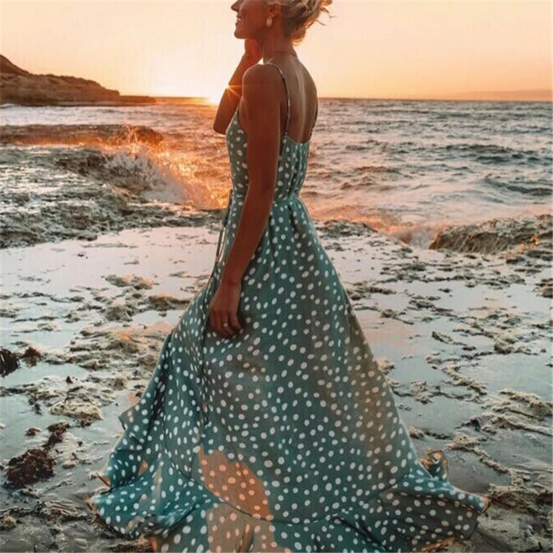 Женское платье в горошек длинное пляжное вечернее макси стиле бохо с v-образным