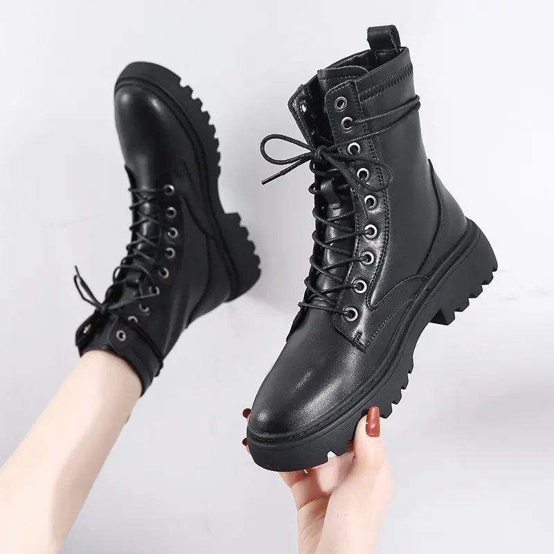 

Women Autumn Boots PU Leather Black Boots High Top Lace up Ankle Boots Fashion Lady Round Toe Flats Platform Shoes Designer