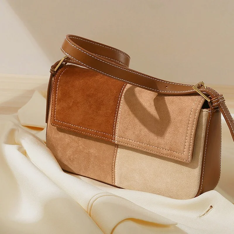 

Vintage Patchwork Shoulder Bags Women Autumn Chic Frosted Faux Suede Underarm Cross Body All-match Fashion Designed Minimalist