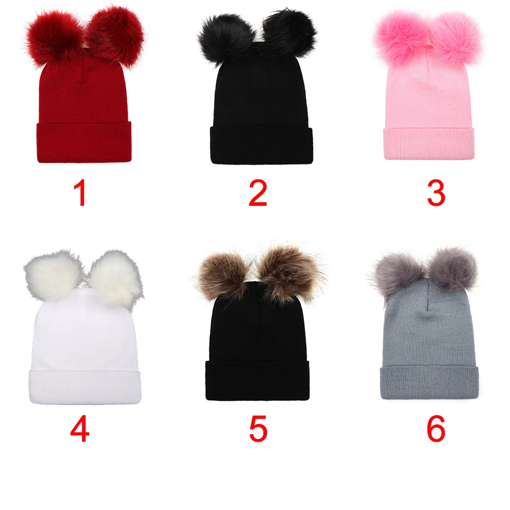 

Women Knitting Girl Beanies Autumn Winter Faux Fur Pompom Double Ball Solid Warm Hat Soft