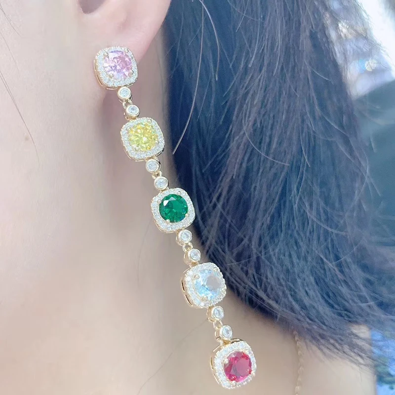 

Luxury 925 Silver Needle Colorful Square Diamond Earrings 210322-76