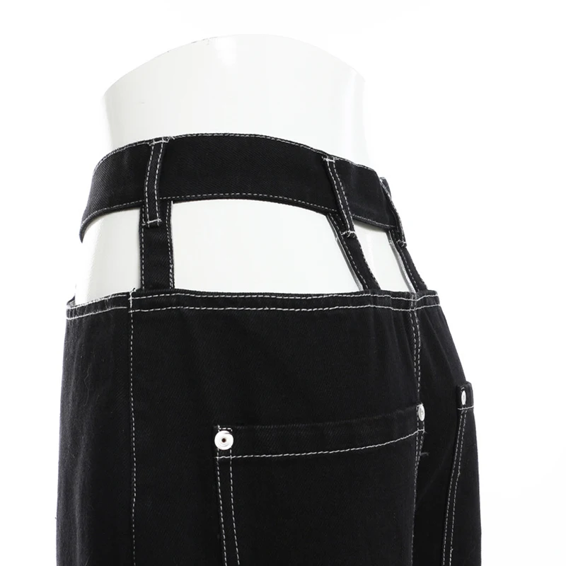 

[EAM] Black Stitch Long Hollow Out Wide Leg Jeans New High Waist Loose Women Trousers Fashion Tide Spring Autumn 2021 1DA835