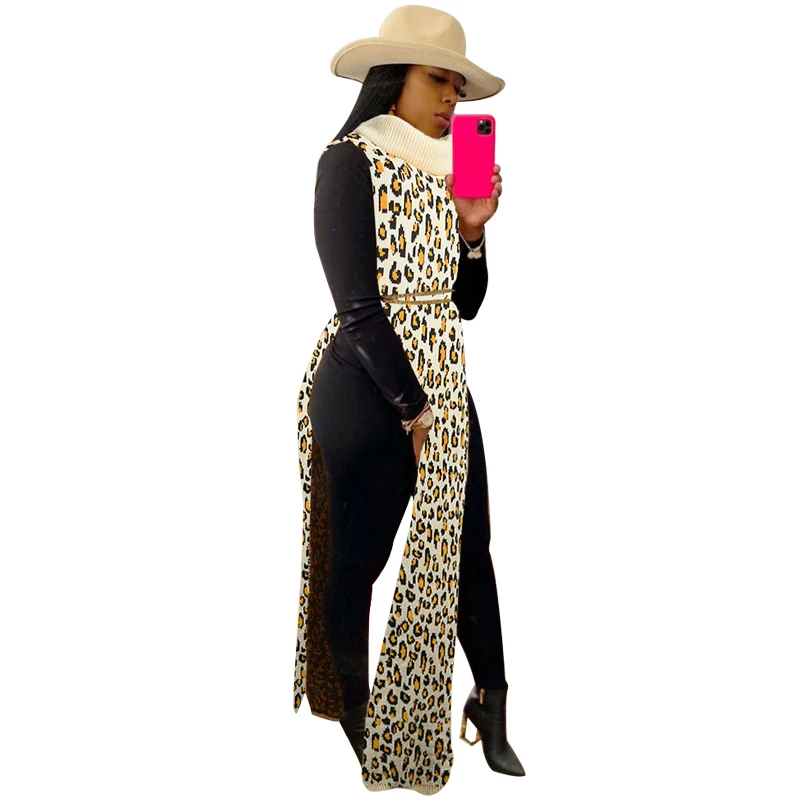 

African Sweater Dress Women Turtleneck Sleeveless Side Split Robes Spring Autumn New Leopard Print Streetwear African Maxi Dress
