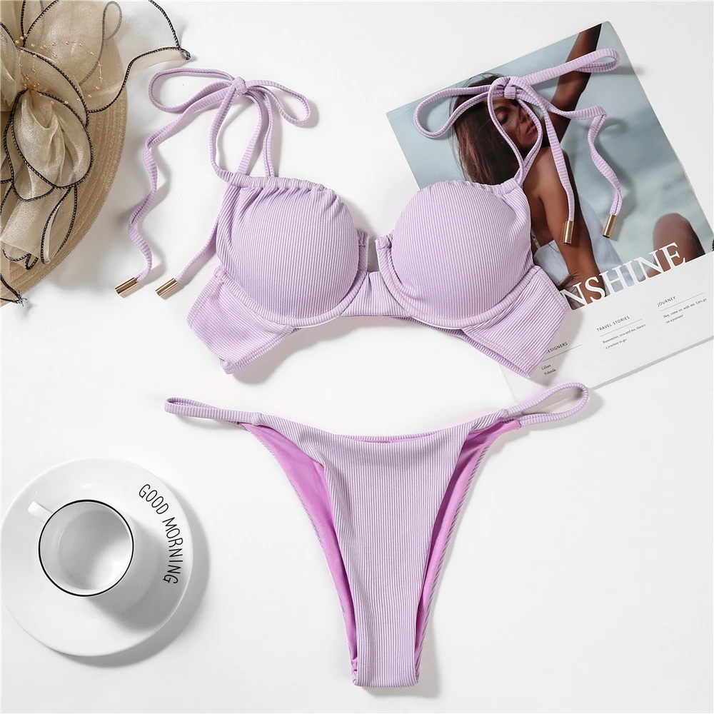 

Thong Swimsuit Women 2021 Fashion Sexy Bikini Set Summer Bathing Suit Beachwear Solid Color Steel Ring Gathering Swimsuit