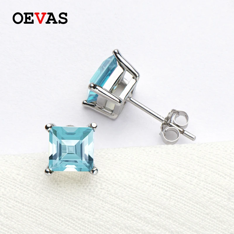 

OEVAS 100% 925 Sterling Silver 6mm Square Topaz Stud Earrings For Women Sparkling Wedding Engagement Party Fine Jewelry Gifts