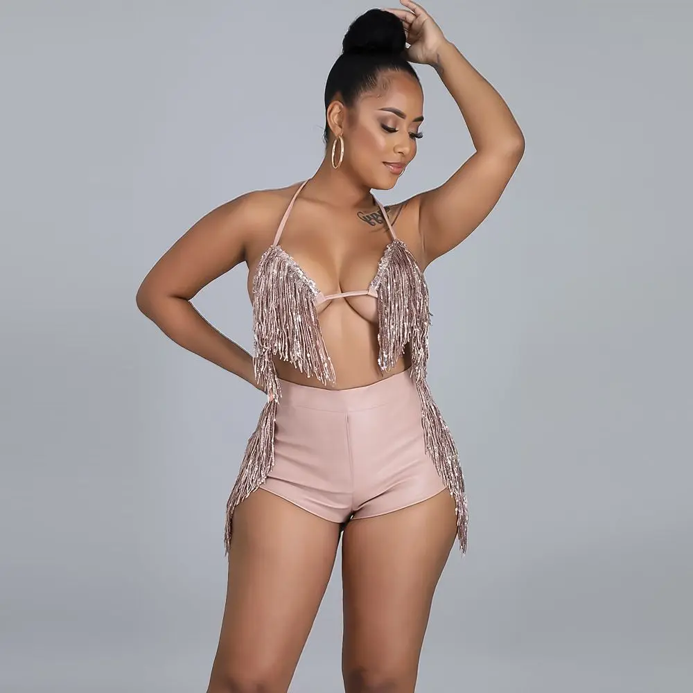 

Women Sequined Tassels Two Piece Set Sexy Halter Lace Up Bra + Mini Shorts Outfits 2021 Summer Nightclub Prom Backless Clothes