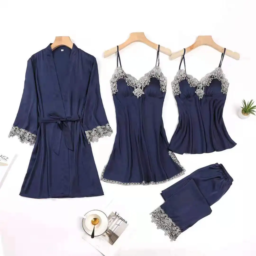 

Кружевной пижамный комплект из четырех предметов, Женская атласная ночная рубашка на бретелях, летняя семейная одежда с брюками