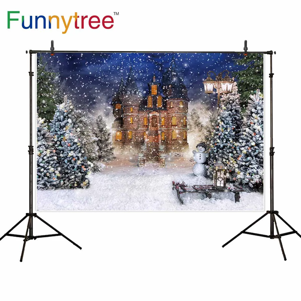 Funnytree фон для фотостудии замок Снежная сцена светильник Рождественский зимний фон сани Страна Чудес фотосессия