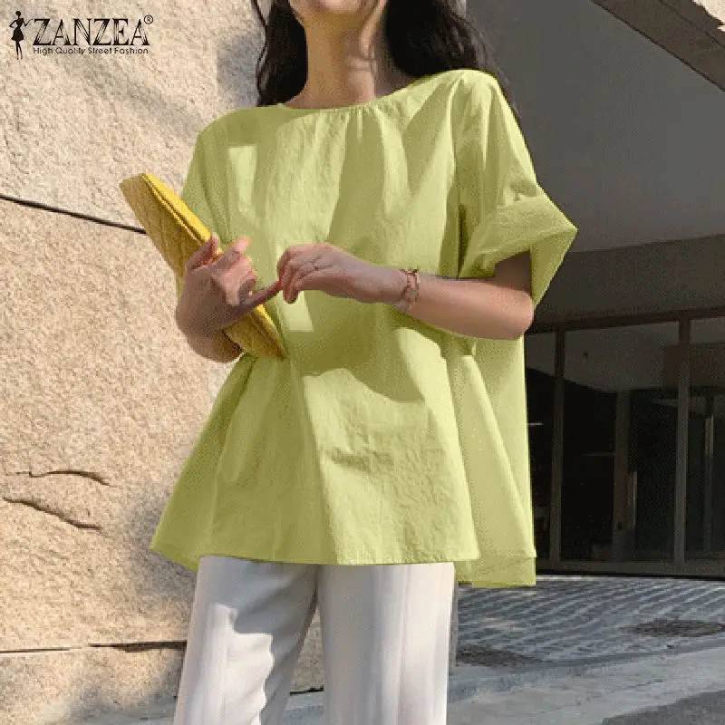 

Women Casual O Neck Solid Blouse ZANZEA Fashion Summer Short Sleeve Tops Elegant Ladies Work Blusas Loose Tunic Shirt Chemise