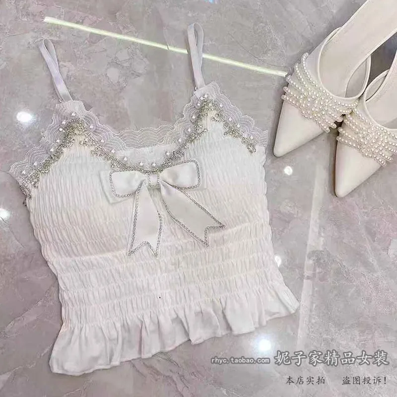 

Crop Top Women New Lace Edge Beads Rhinestones Bow Wrapped Chest Vest Beauty Back Short V-neck Sling Slim Fit Sexy Camisole Lady