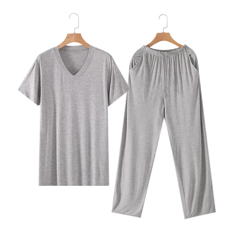 Modal Cotton Mens Pajamas Suits Short Sleeve Summer Modal Man Sleepwear for Causual Home Service Suits Loose Style Solid Colors