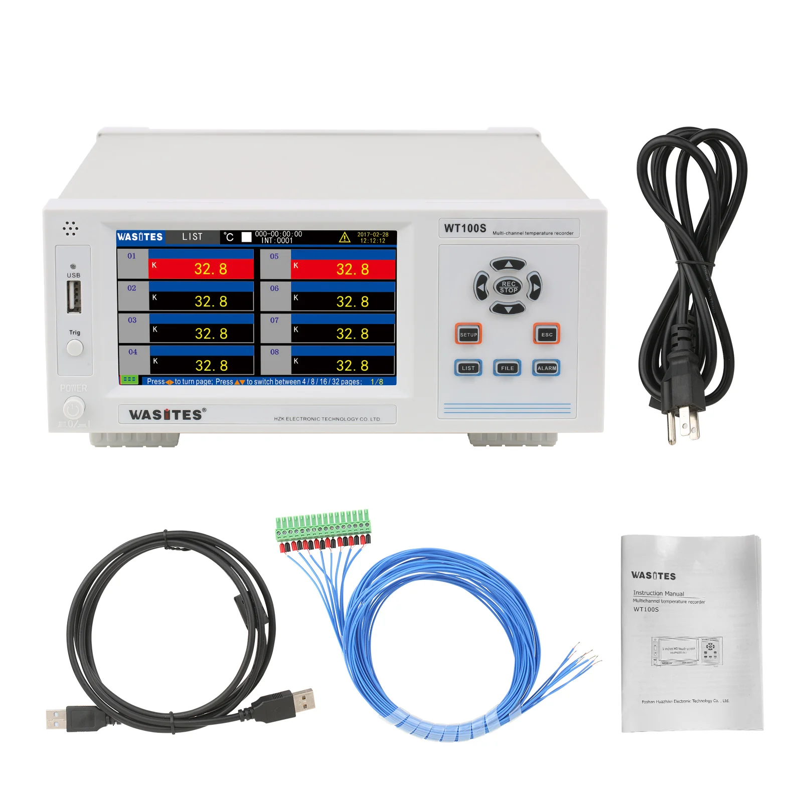 

5-дюймовый 8-канальный регистратор температуры WASITES с цветным IPS дисплеем, многофункциональный промышленный регистратор данных о температур...