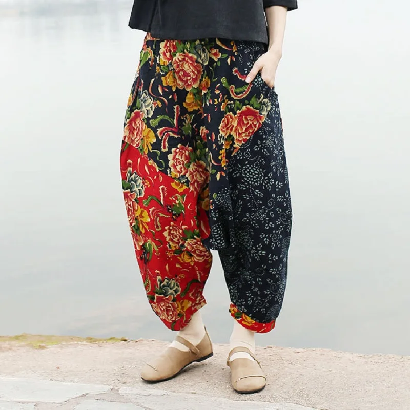 Cotton Linen Women's Spring Trousers Printing Patchwork Harem Pants Pannelled Stitching Hip-Hop Casual Pants