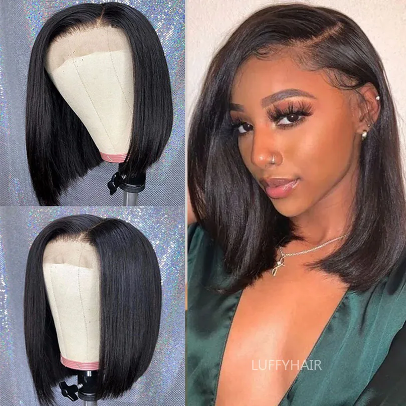 

Парик с левой стороной, на шелковой основе, парик с естественной линией волос, бразильский, без клея, короткий, Боб, Шелковый топ, парик из чел...