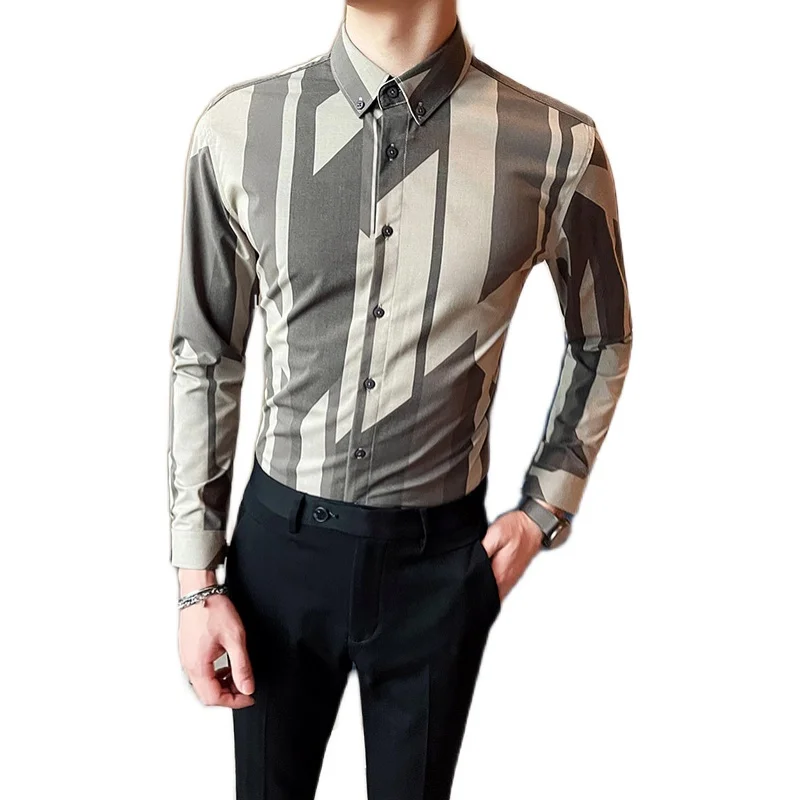 

British Style Luxury Print Long Sleeve Office Work Shirt Dress Men Clothing Simple All Match Slim Fit Casual Club Prom Tuxedo