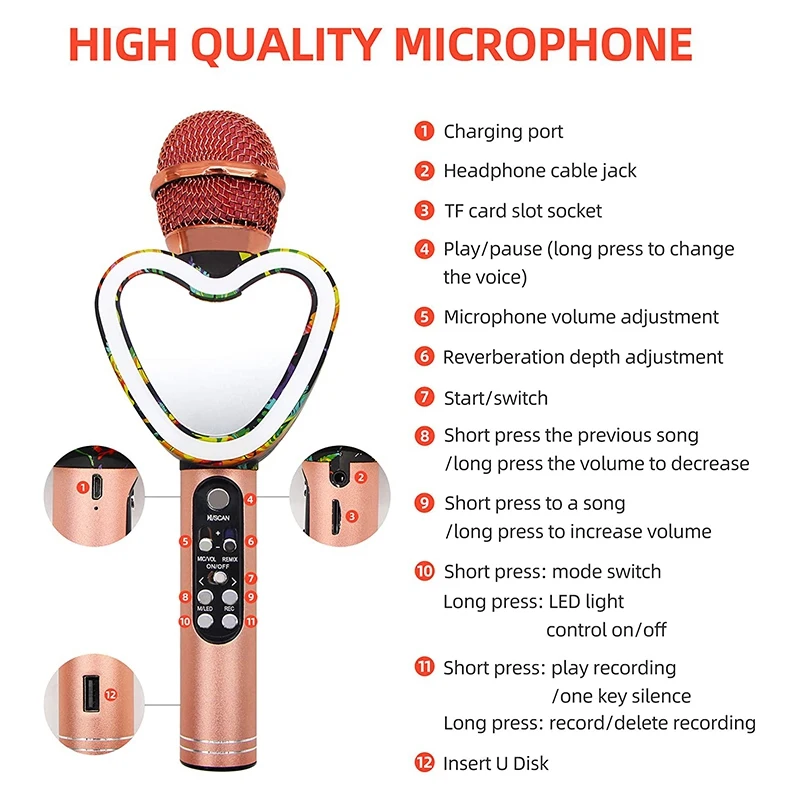

Heart Shape Bluetooth Karaoke Microphone,4 in 1 with LED Lights for KTV