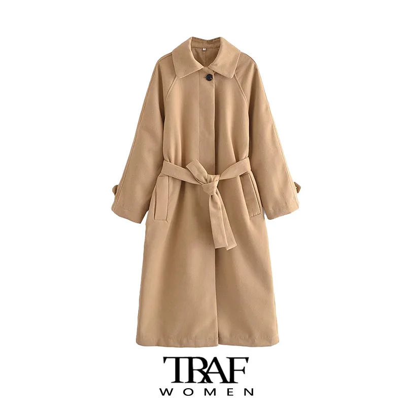 

TRAF Women Fashion With Belt Loose Woolen Coat Vintage Long Sleeve Button-up Female Outerwear Chic Overcoat